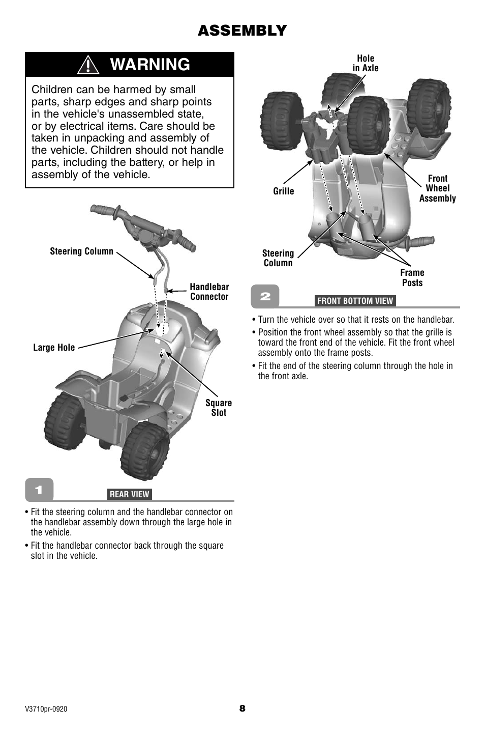 Warning, Assembly | Fisher-Price V3710 User Manual | Page 8 / 20
