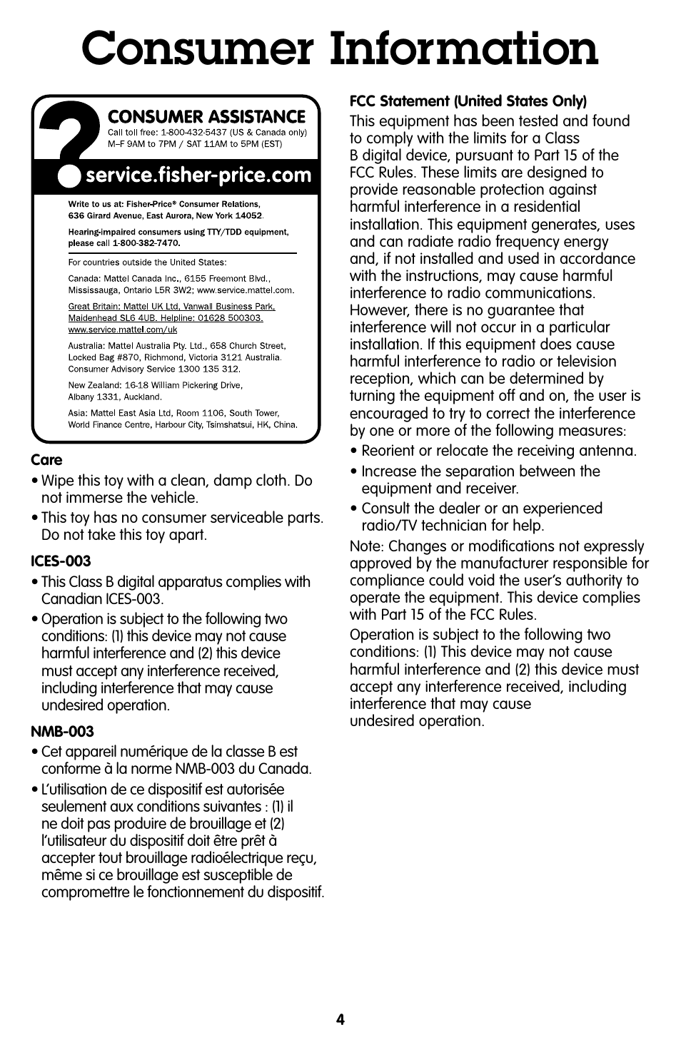 Consumer information | Fisher-Price GEOTRAX R2771 User Manual | Page 4 / 5