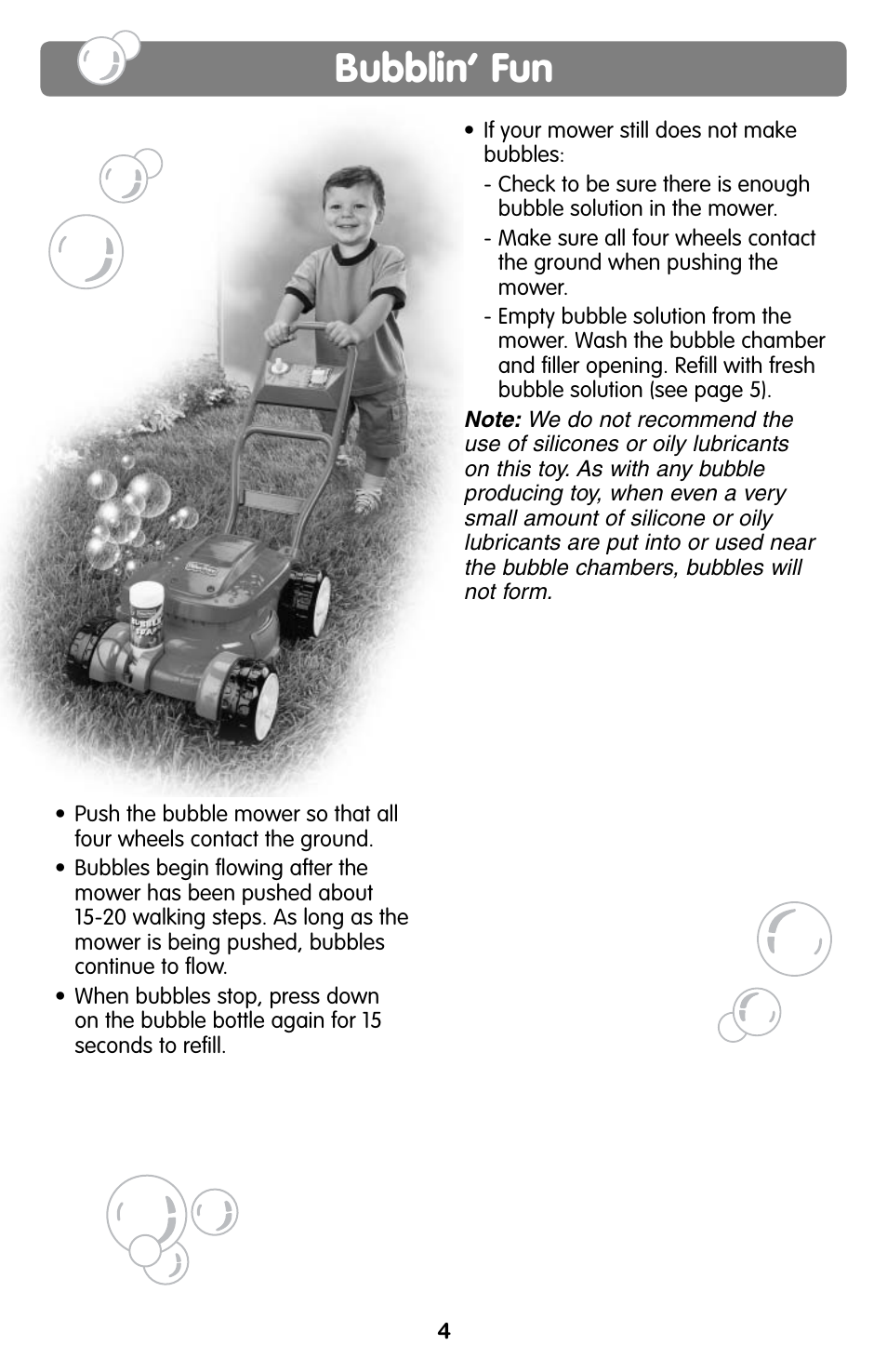 Bubblin’ fun | Fisher-Price BUBBLE MOWER H8910 User Manual | Page 4 / 6