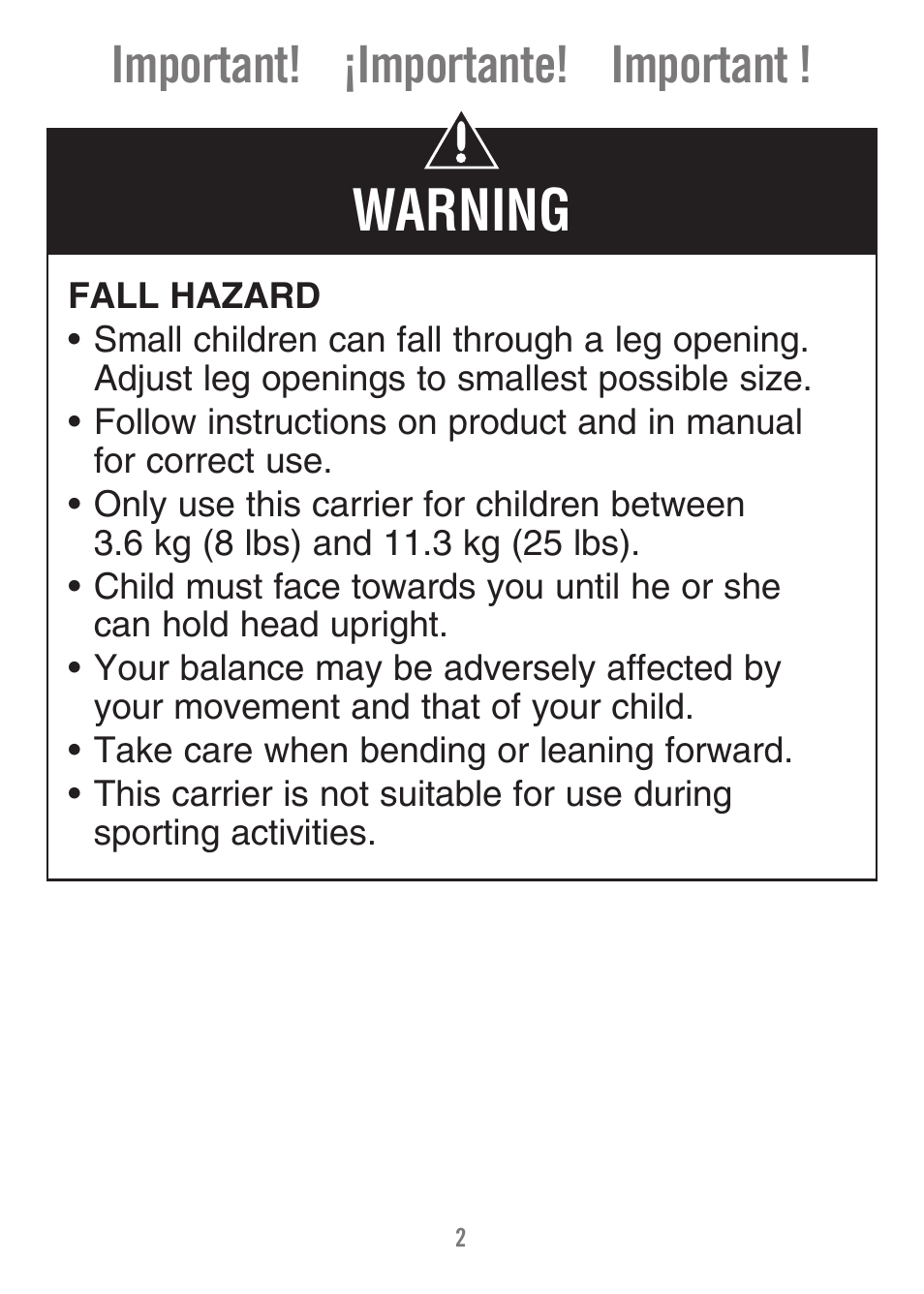 Warning, Important! ¡importante! important | Fisher-Price FALL HAZARD M1351 User Manual | Page 2 / 40