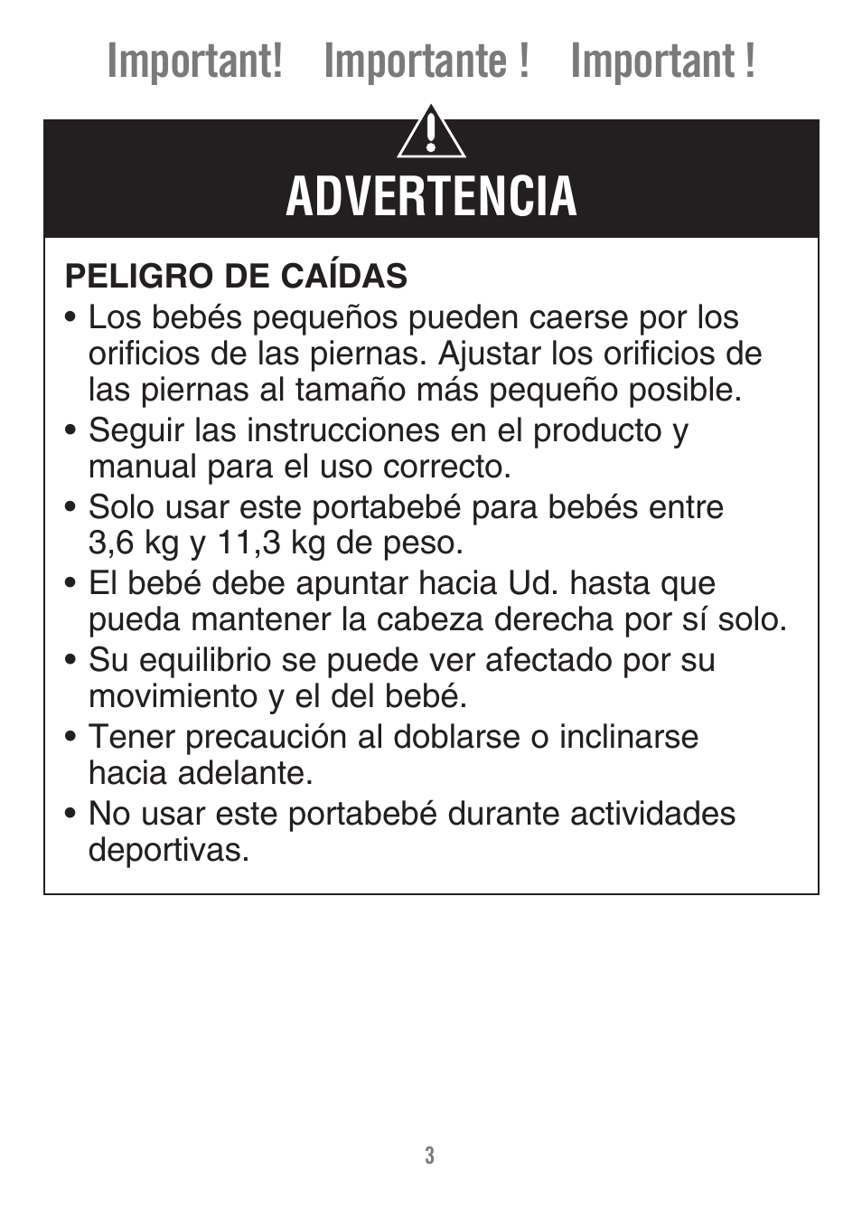 Advertencia, Important! importante ! important | Fisher-Price FALL HAZARD M1351 User Manual | Page 3 / 40