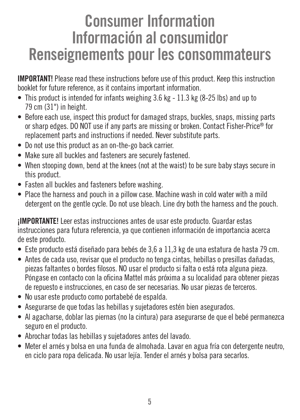 Fisher-Price FALL HAZARD M1351 User Manual | Page 5 / 40