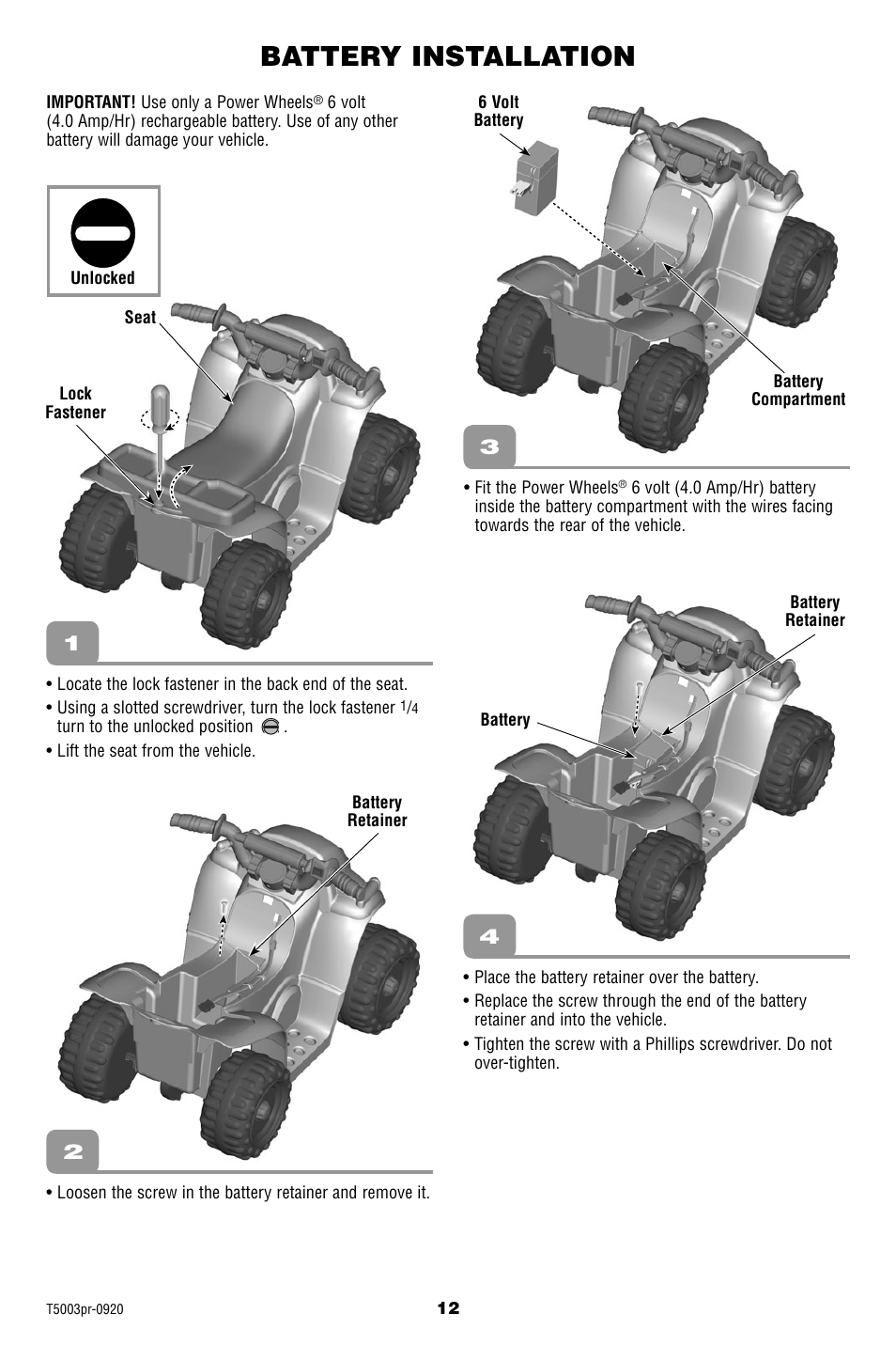 Battery installation | Fisher-Price T5003 User Manual | Page 12 / 20
