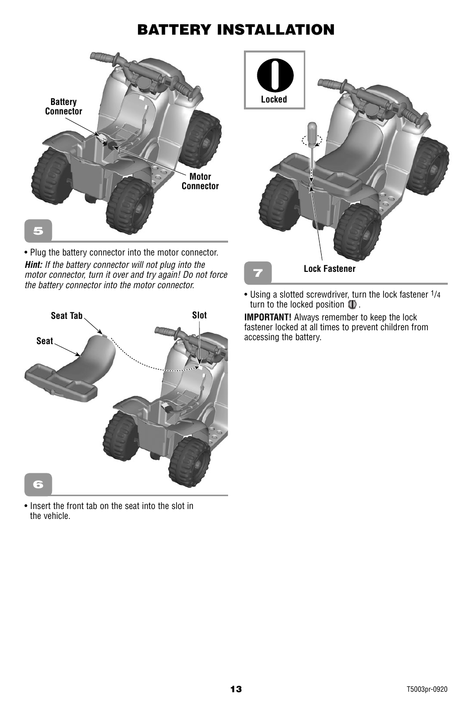 Battery installation | Fisher-Price T5003 User Manual | Page 13 / 20