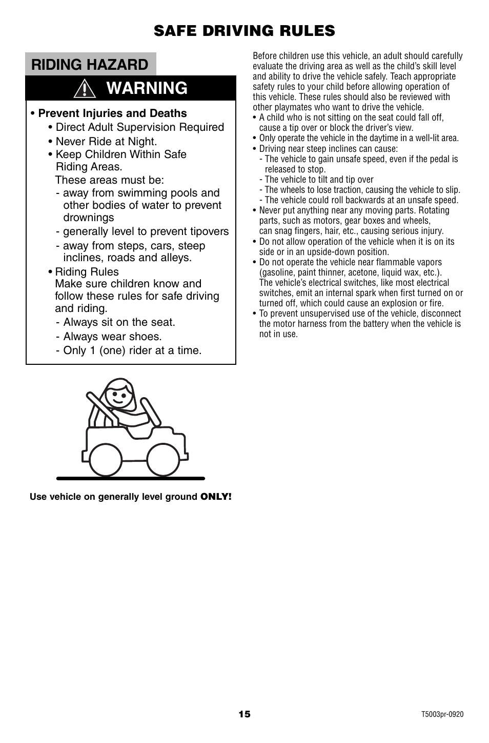 Warning, Riding hazard, Safe driving rules | Fisher-Price T5003 User Manual | Page 15 / 20