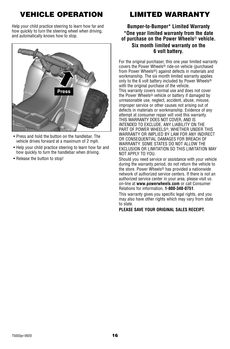 Vehicle operation, Limited warranty | Fisher-Price T5003 User Manual | Page 16 / 20