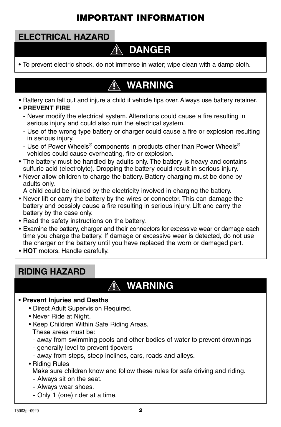 Danger warning, Warning, Electrical hazard | Important information, Riding hazard | Fisher-Price T5003 User Manual | Page 2 / 20