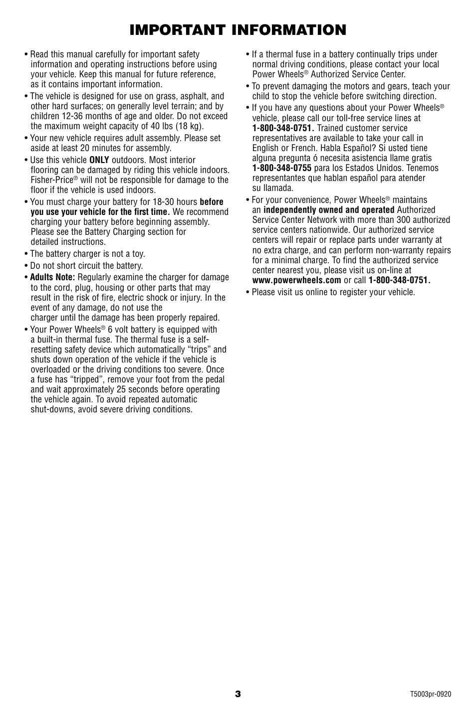 Important information | Fisher-Price T5003 User Manual | Page 3 / 20