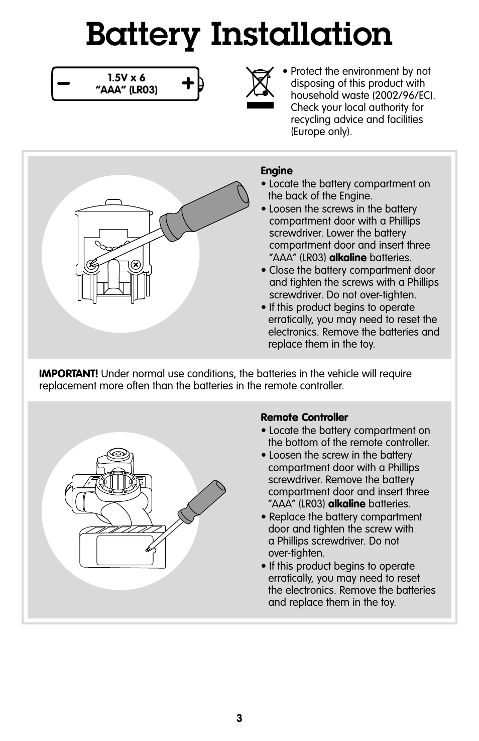 Battery installation | Fisher-Price GEOTRAX P1370 User Manual | Page 3 / 12