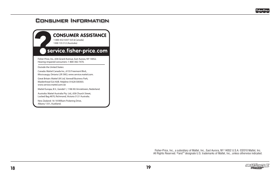 Consumer information | Fisher-Price SMART CYCLE RACER T6349 User Manual | Page 10 / 10