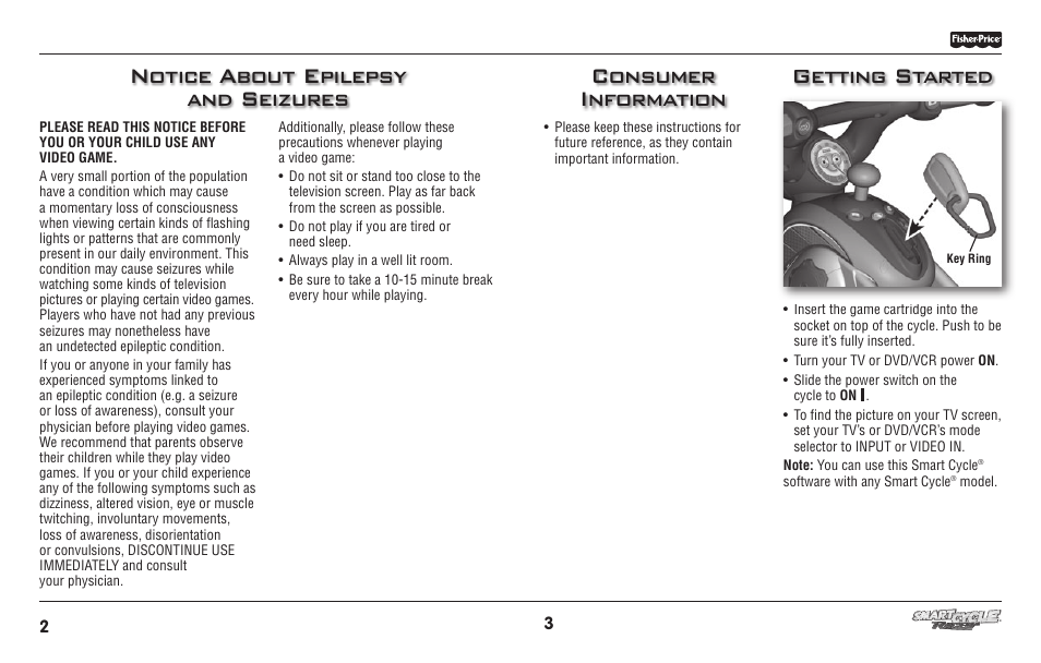 Notice about epilepsy and seizures, Getting started, Consumer information | Fisher-Price SMART CYCLE RACER T6349 User Manual | Page 2 / 10