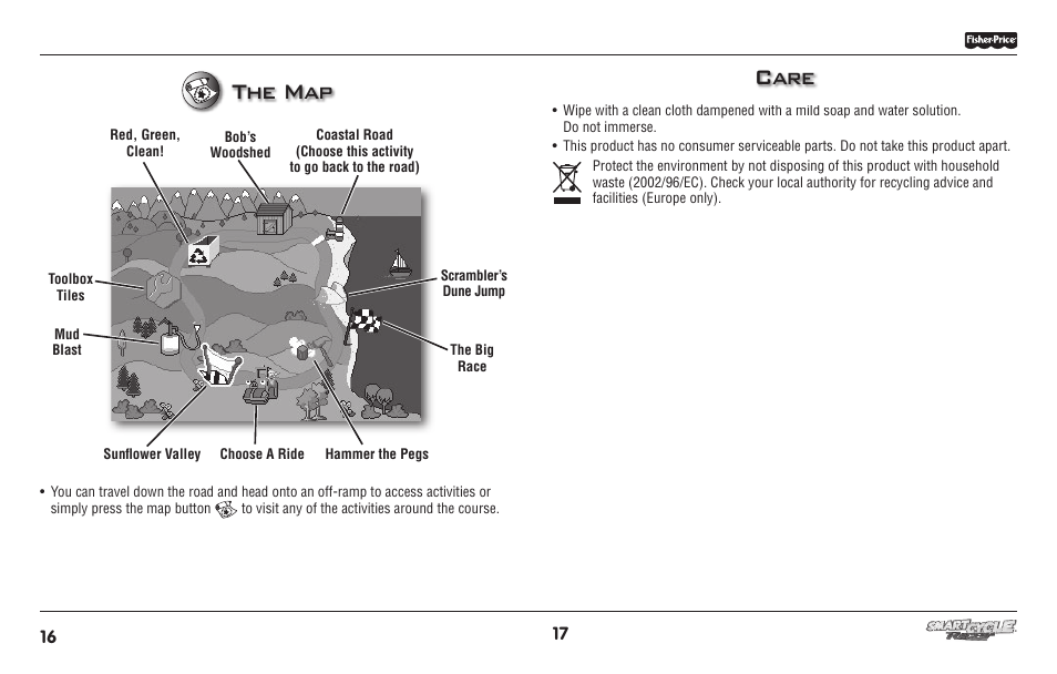 The map, Care | Fisher-Price SMART CYCLE RACER T6349 User Manual | Page 9 / 10