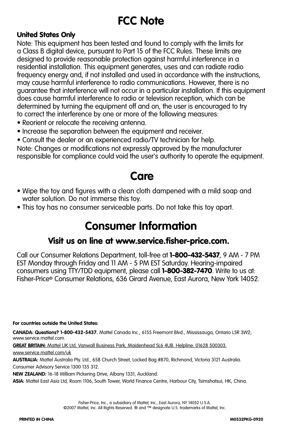 Care consumer information | Fisher-Price M0532 User Manual | Page 4 / 4