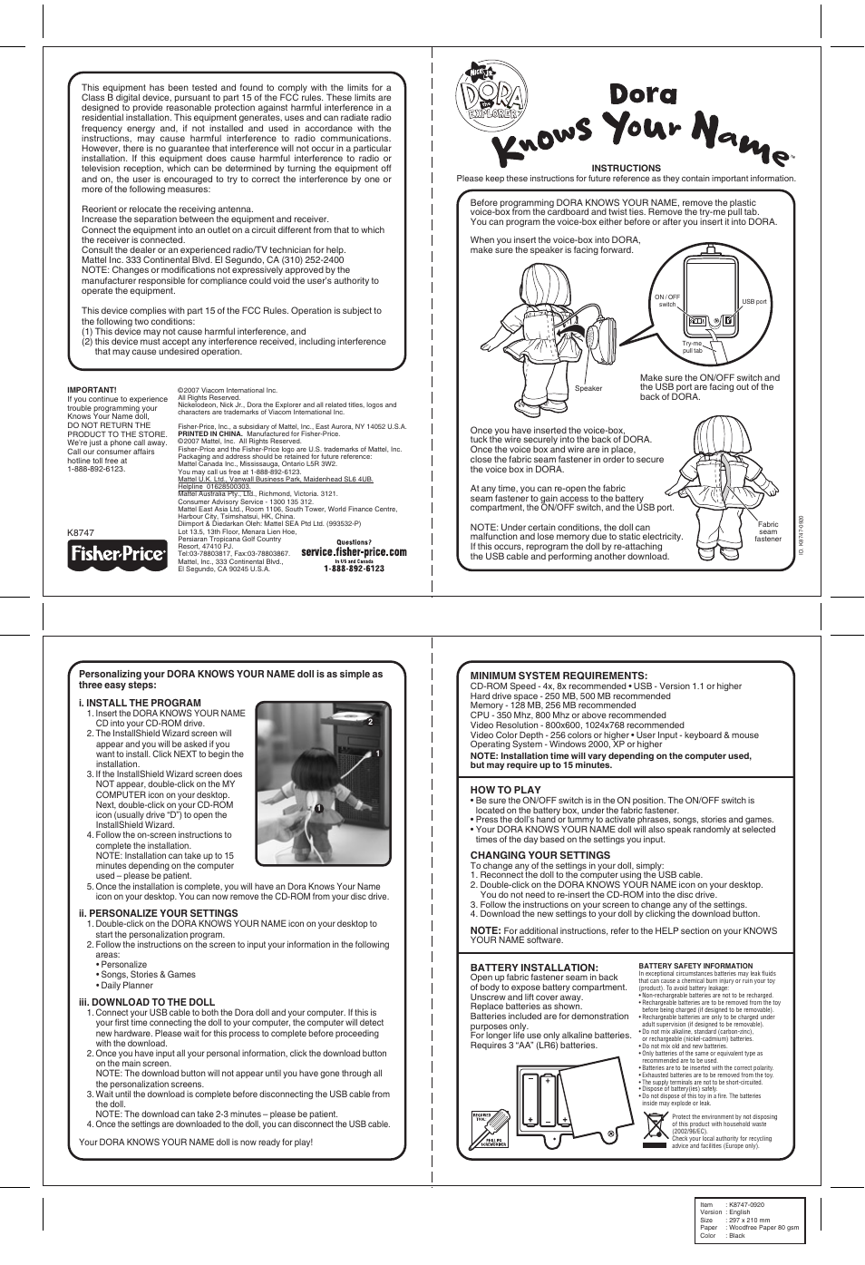 Fisher-Price K8747-0920 User Manual | 1 page