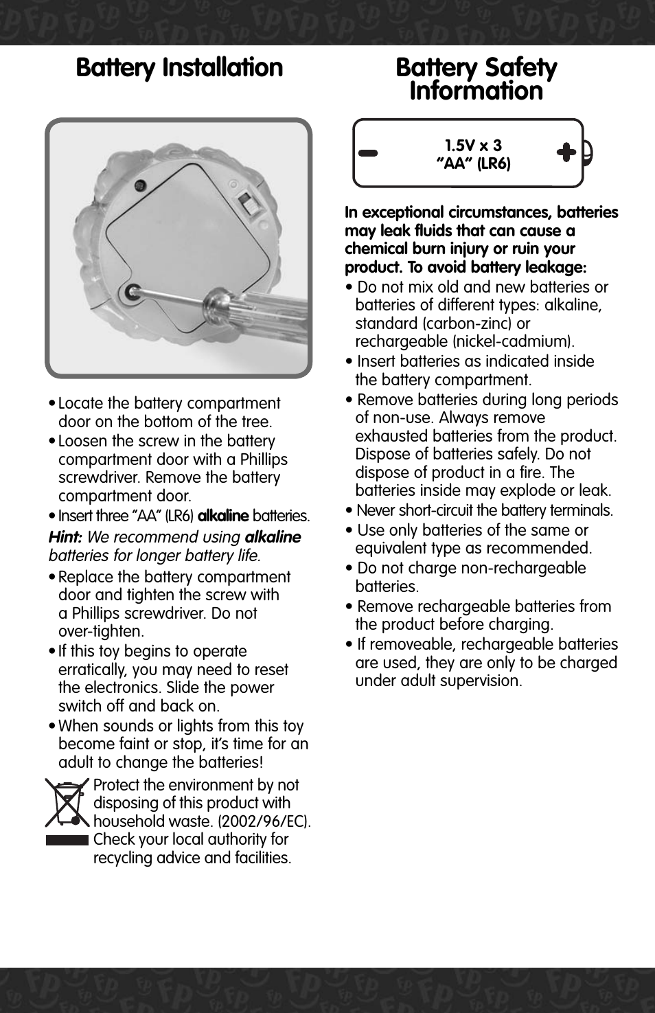 Battery installation, Battery safety information | Fisher-Price C5220 User Manual | Page 2 / 4