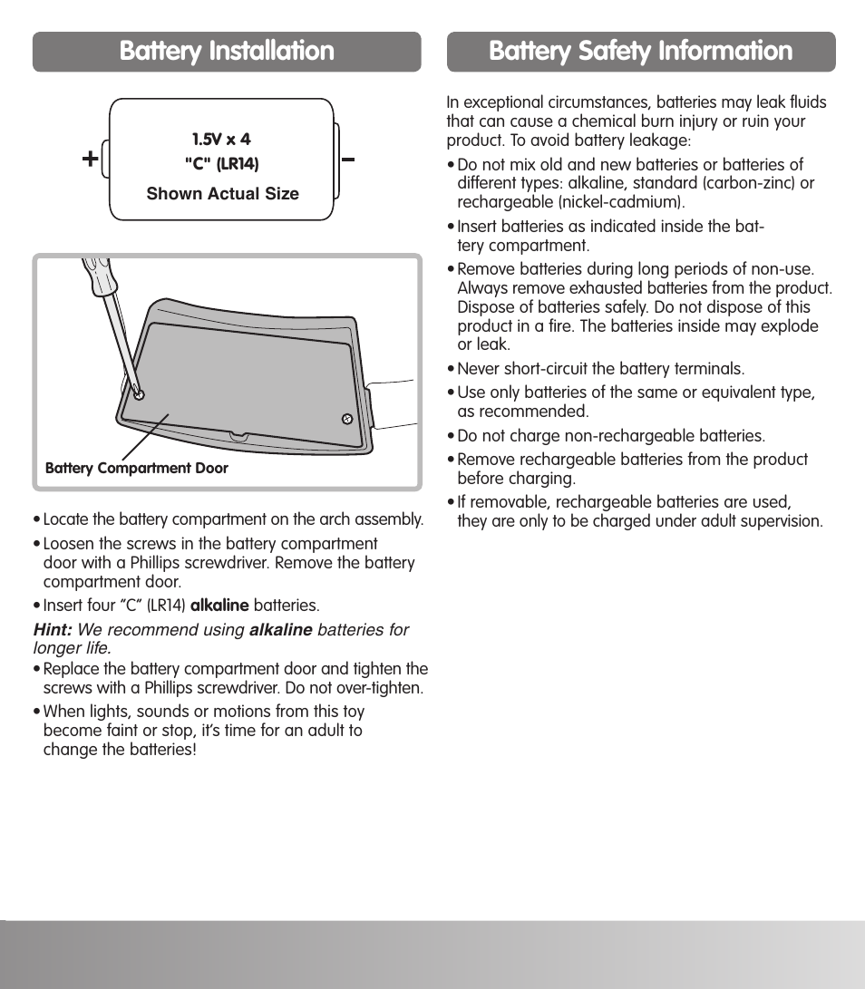 Battery safety information battery installation | Fisher-Price J6113 User Manual | Page 3 / 6
