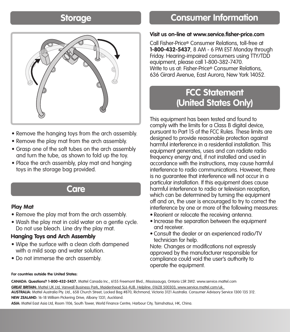 Care storage, Consumer information, Fcc statement (united states only) | Fisher-Price J6113 User Manual | Page 6 / 6