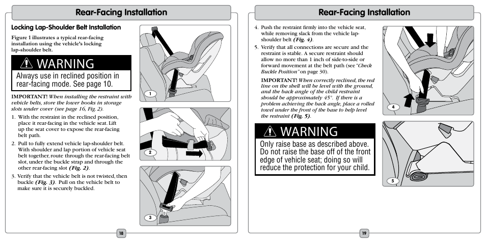 Warning, Rear-facing installation | Fisher-Price EF20B User Manual | Page 10 / 20