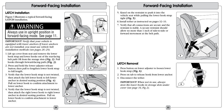 Warning, Features forward-facing installation, Forward-facing installation | Fisher-Price EF20B User Manual | Page 13 / 20