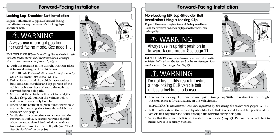 Warning, Features, Forward-facing installation | Fisher-Price EF20B User Manual | Page 14 / 20