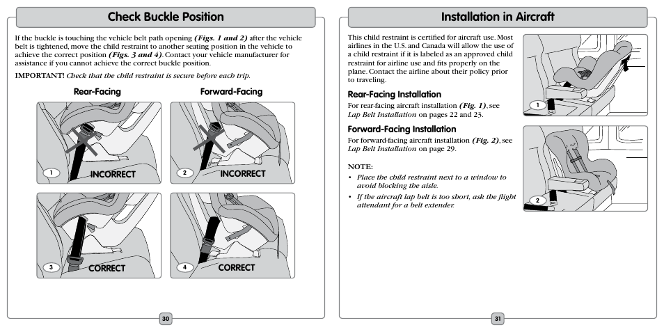 Check buckle position, Installation in aircraft | Fisher-Price EF20B User Manual | Page 16 / 20