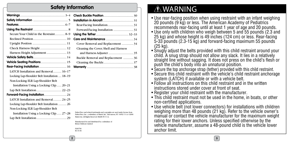 Warning, Safety information | Fisher-Price EF20B User Manual | Page 2 / 20