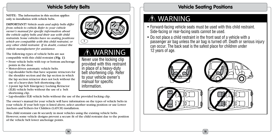 Warning, Vehicle safety belts, Vehicle seating positions | Fisher-Price EF20B User Manual | Page 8 / 20