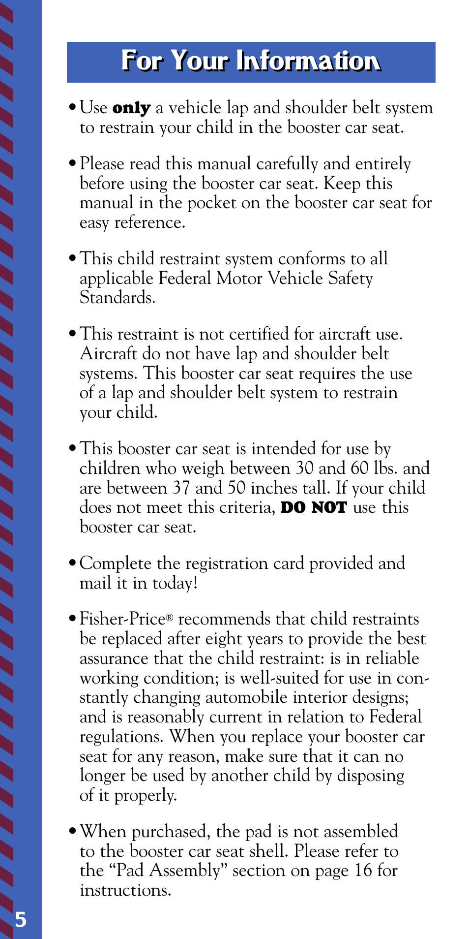 For your information | Fisher-Price SAFE EMBRACE 79750 User Manual | Page 6 / 20