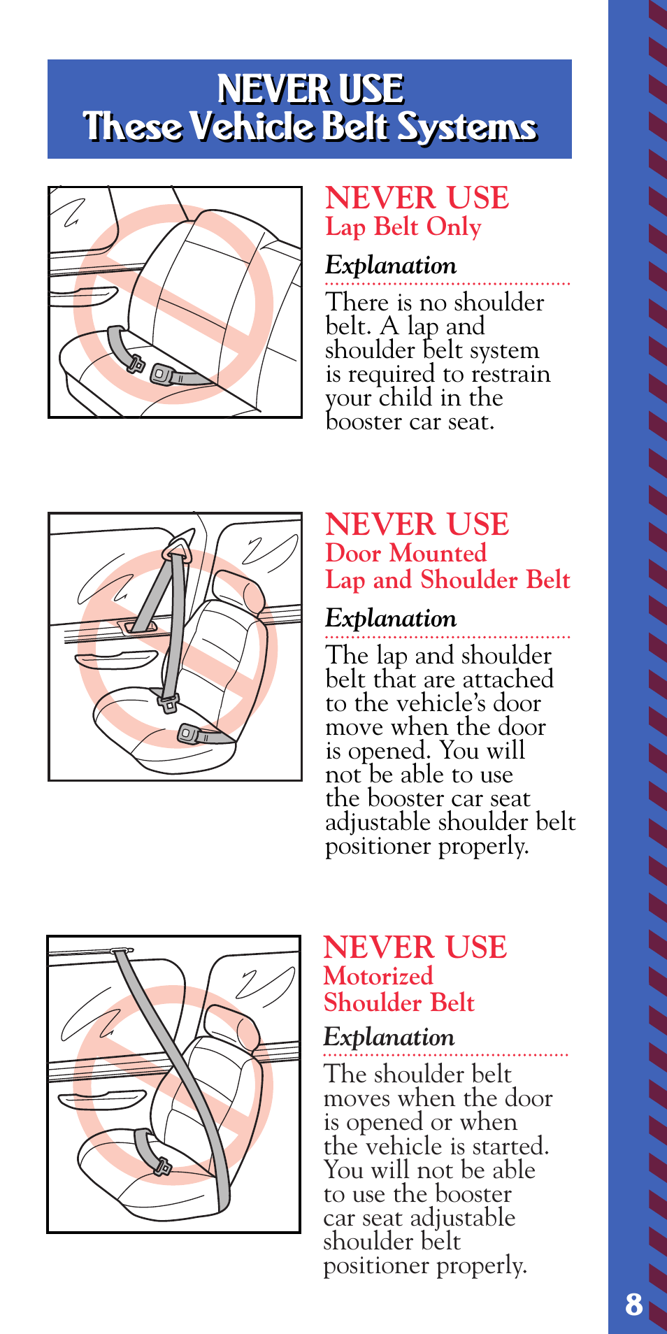 Never use these vehicle belt systems | Fisher-Price SAFE EMBRACE 79750 User Manual | Page 9 / 20