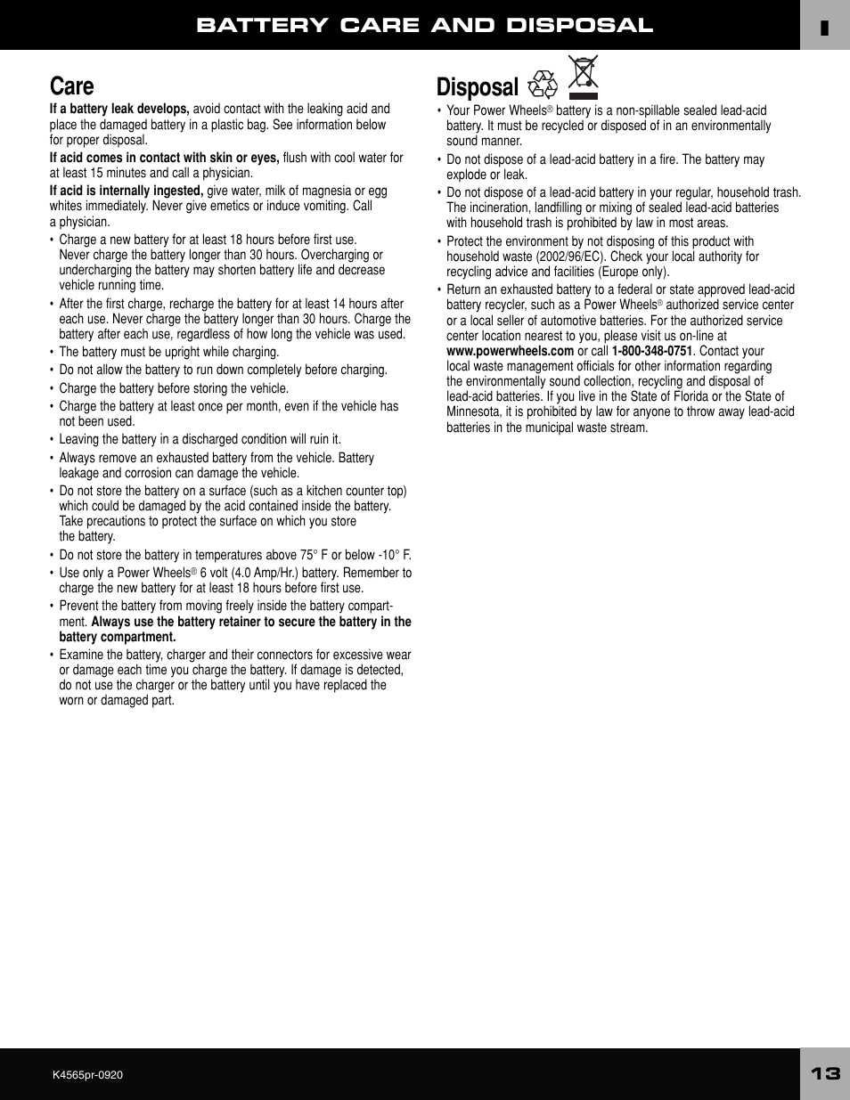 Care, Disposal, Battery care and disposal | Fisher-Price K4565 User Manual | Page 13 / 20