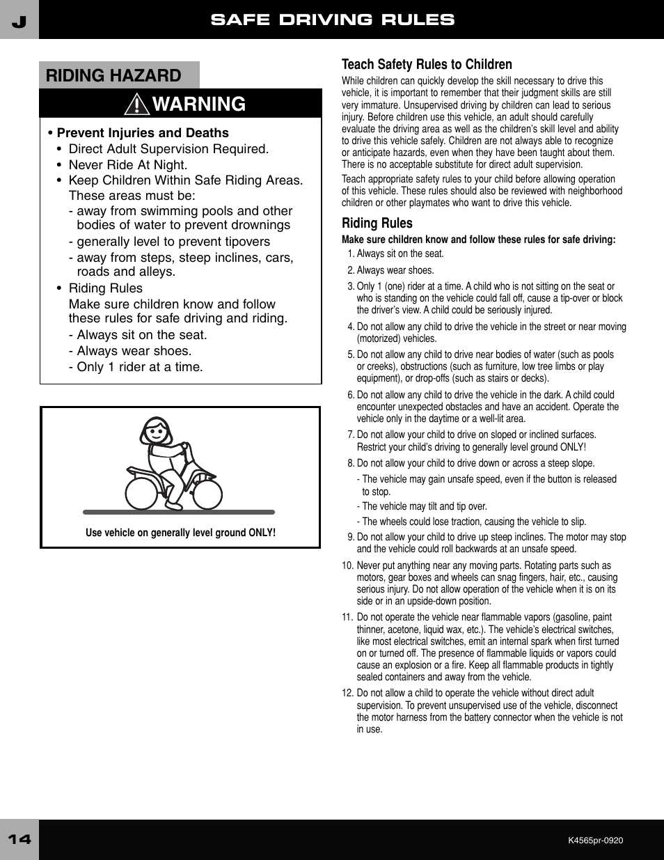 Warning, Riding hazard, Safe driving rules | Teach safety rules to children, Riding rules | Fisher-Price K4565 User Manual | Page 14 / 20