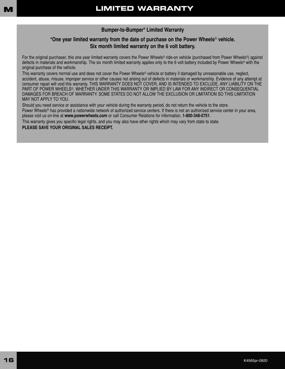 Limited warranty | Fisher-Price K4565 User Manual | Page 16 / 20