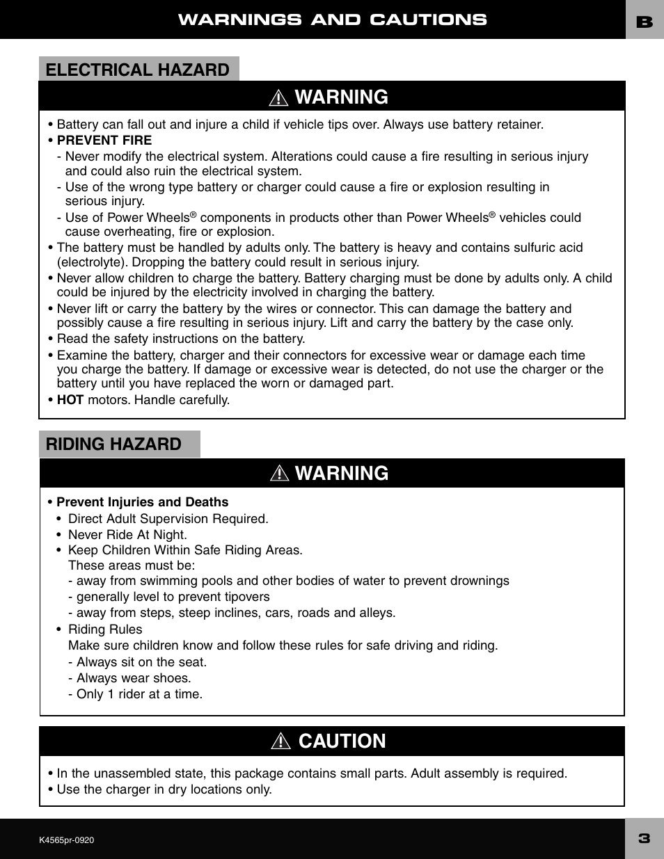 Warning caution, Warning, Electrical hazard | Riding hazard | Fisher-Price K4565 User Manual | Page 3 / 20
