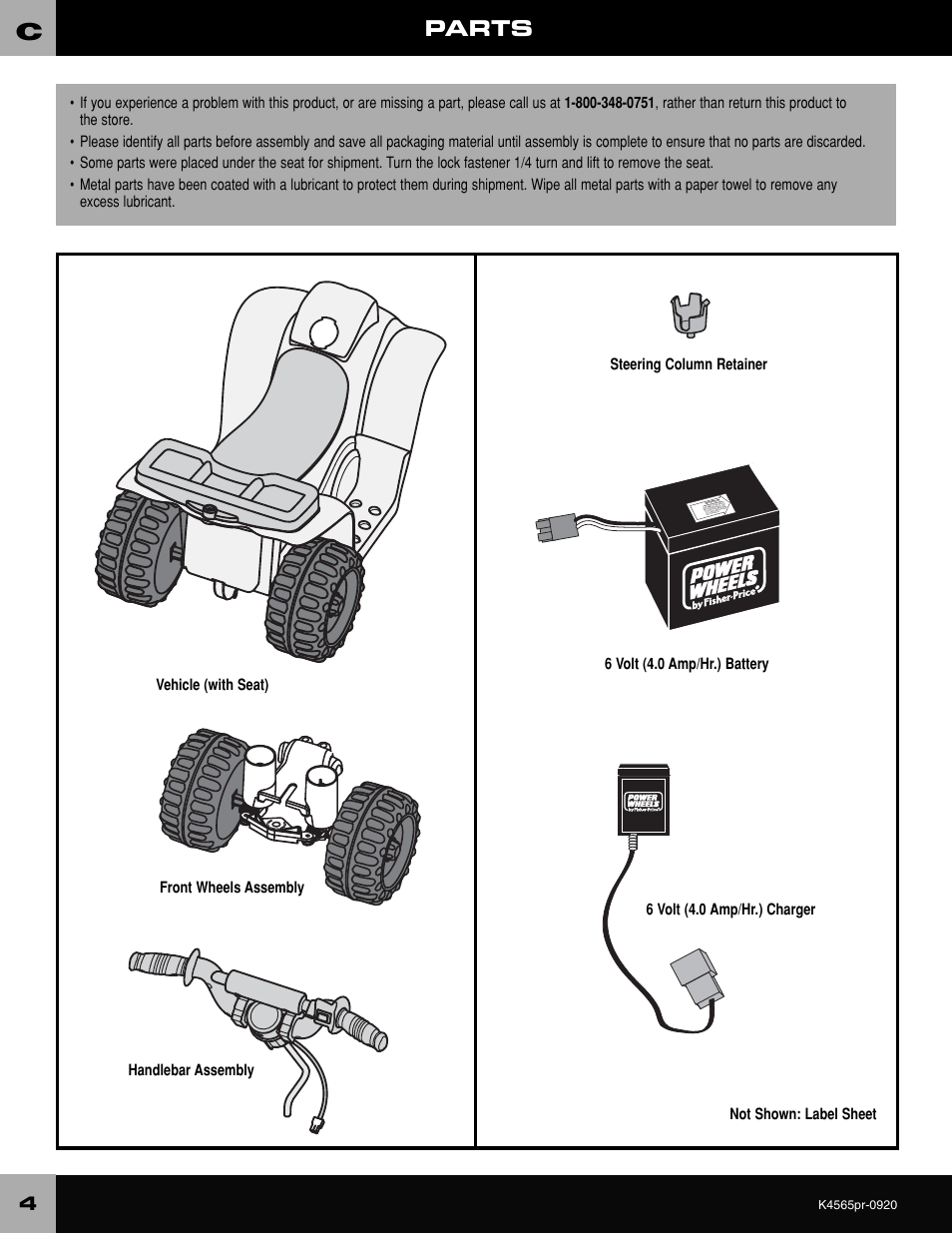 Parts, Vehicle (with seat) | Fisher-Price K4565 User Manual | Page 4 / 20