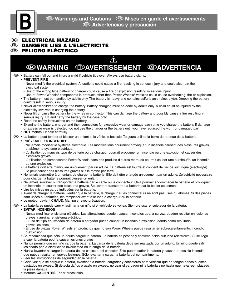 Ewarning favertissement sadvertencia | Fisher-Price B2225 User Manual | Page 3 / 28