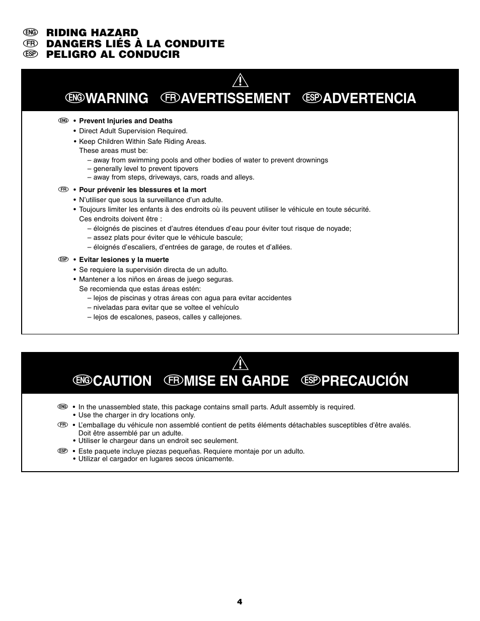Ewarning favertissement sadvertencia, Ecaution fmise en garde sprecaución | Fisher-Price B2225 User Manual | Page 4 / 28