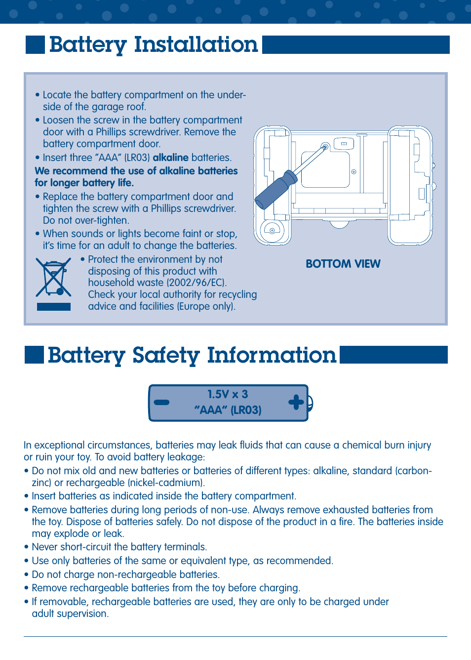 Battery installation battery safety information | Fisher-Price GEOTRAX L5896 User Manual | Page 4 / 6