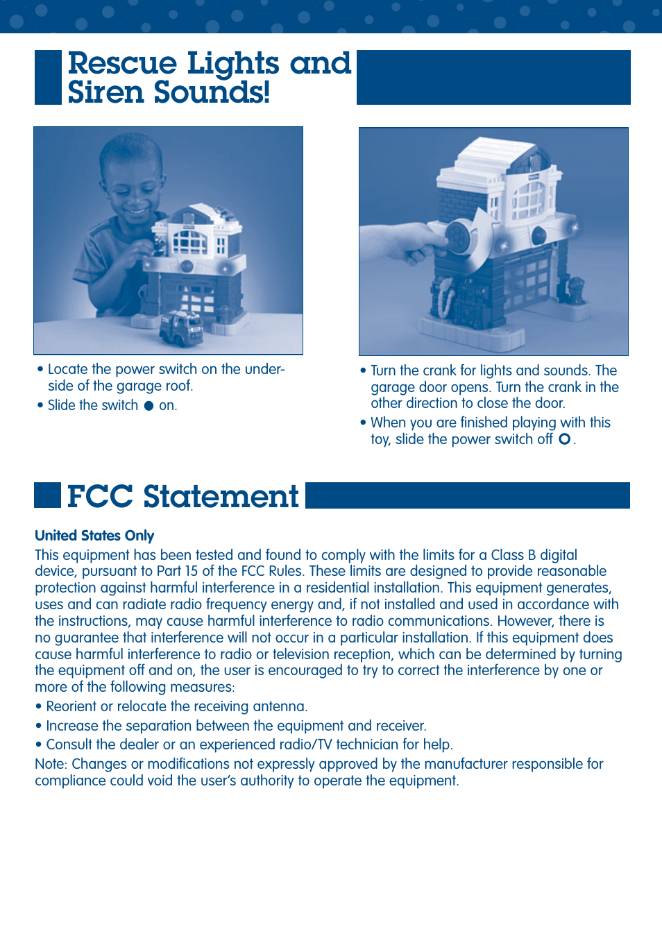 Fcc statement, Rescue lights and siren sounds | Fisher-Price GEOTRAX L5896 User Manual | Page 5 / 6