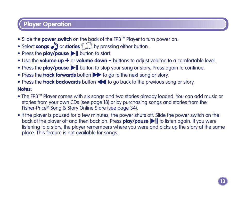 Player operation | Fisher-Price Kid-Tough Fp3 Player M2814 User Manual | Page 13 / 40