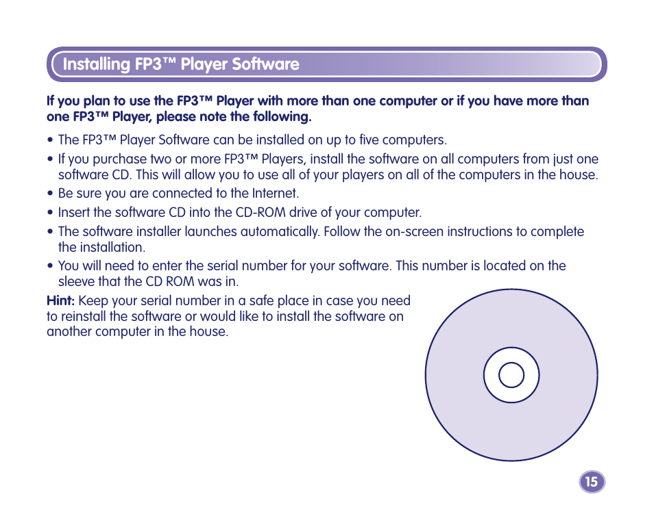 Installing fp3, Player software | Fisher-Price Kid-Tough Fp3 Player M2814 User Manual | Page 15 / 40