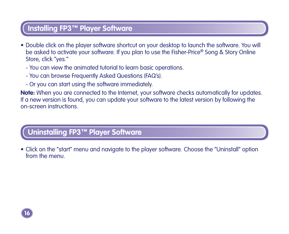 Installing fp3, Player software, Uninstalling fp3 | Fisher-Price Kid-Tough Fp3 Player M2814 User Manual | Page 16 / 40