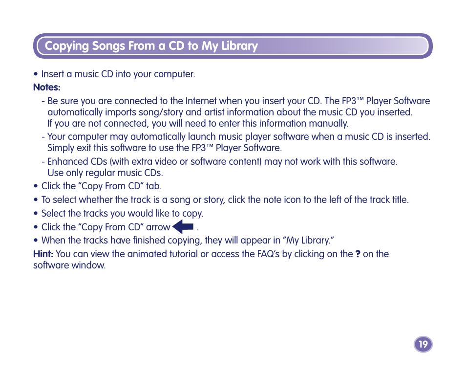 Copying songs from a cd to my library | Fisher-Price Kid-Tough Fp3 Player M2814 User Manual | Page 19 / 40