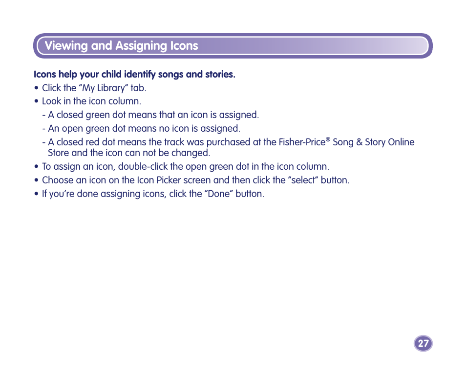 Viewing and assigning icons | Fisher-Price Kid-Tough Fp3 Player M2814 User Manual | Page 27 / 40