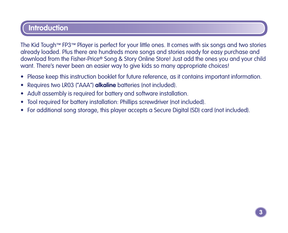Introduction | Fisher-Price Kid-Tough Fp3 Player M2814 User Manual | Page 3 / 40