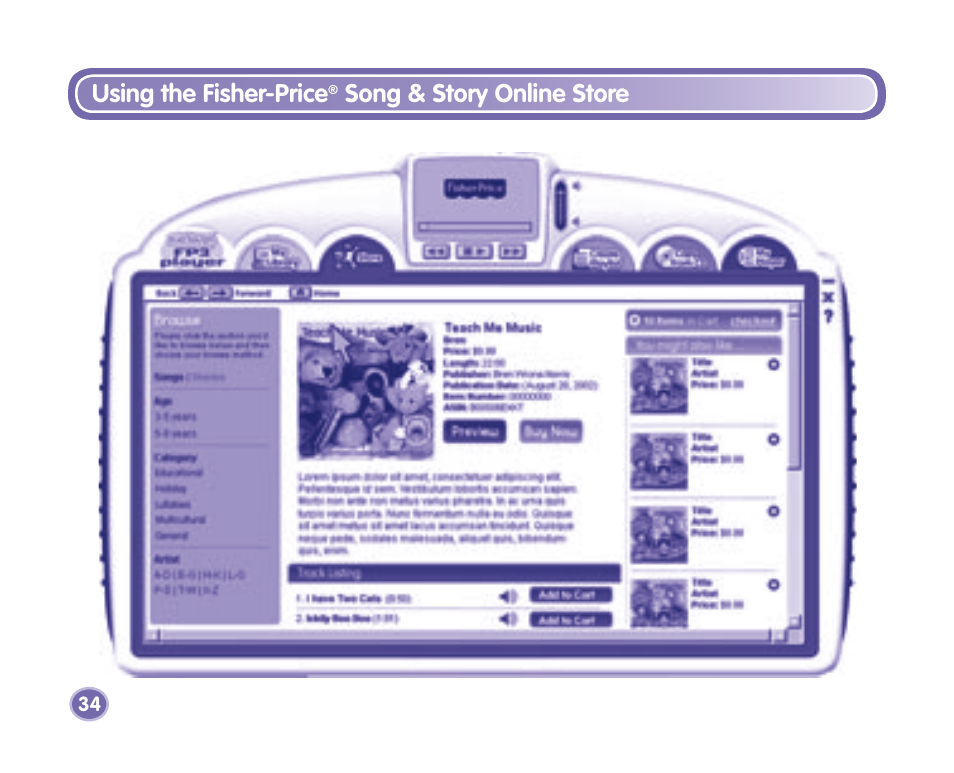 Using the fisher-price, Song & story online store | Fisher-Price Kid-Tough Fp3 Player M2814 User Manual | Page 34 / 40