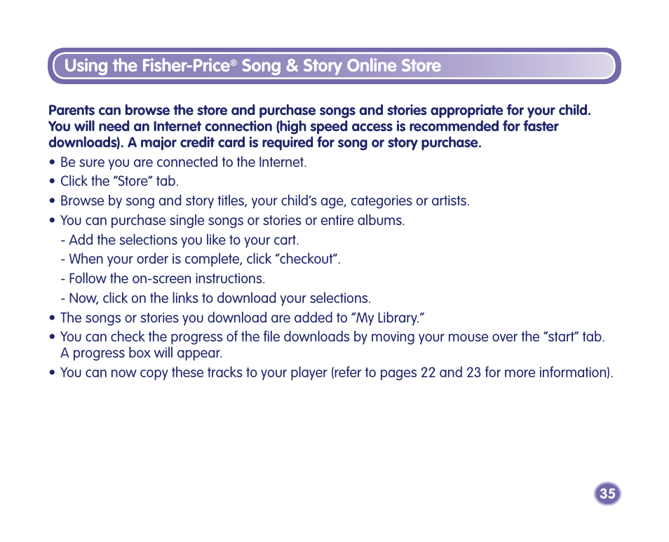 Using the fisher-price, Song & story online store | Fisher-Price Kid-Tough Fp3 Player M2814 User Manual | Page 35 / 40