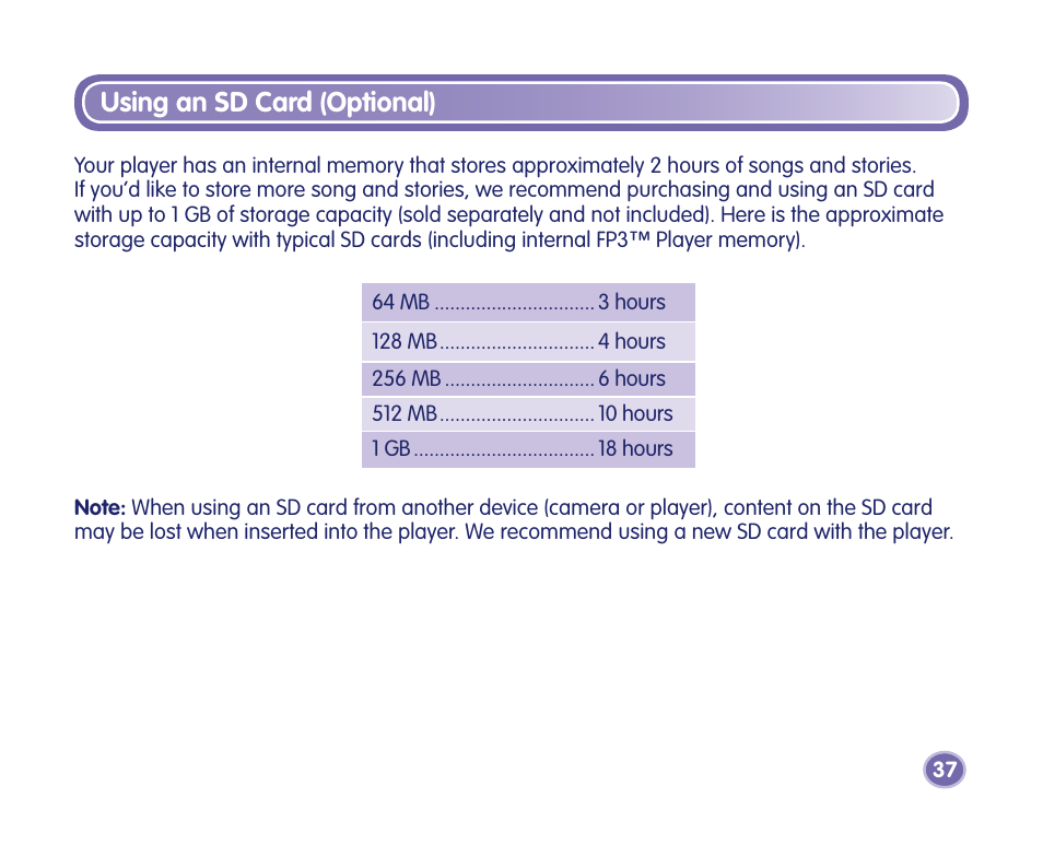 Using an sd card (optional) | Fisher-Price Kid-Tough Fp3 Player M2814 User Manual | Page 37 / 40