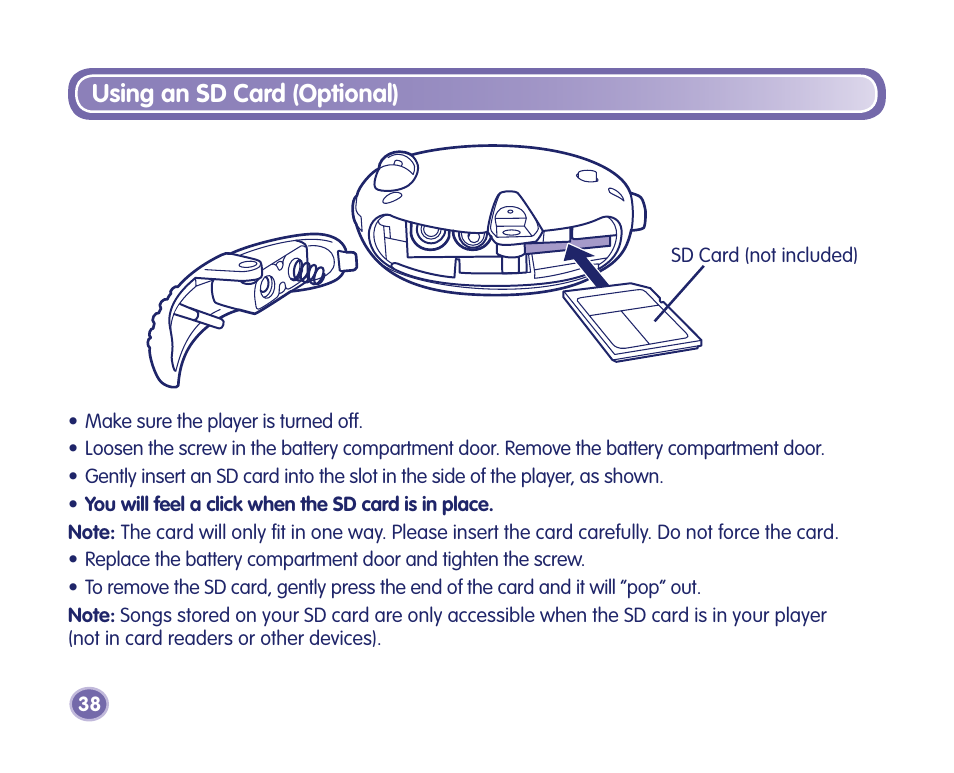Using an sd card (optional) | Fisher-Price Kid-Tough Fp3 Player M2814 User Manual | Page 38 / 40
