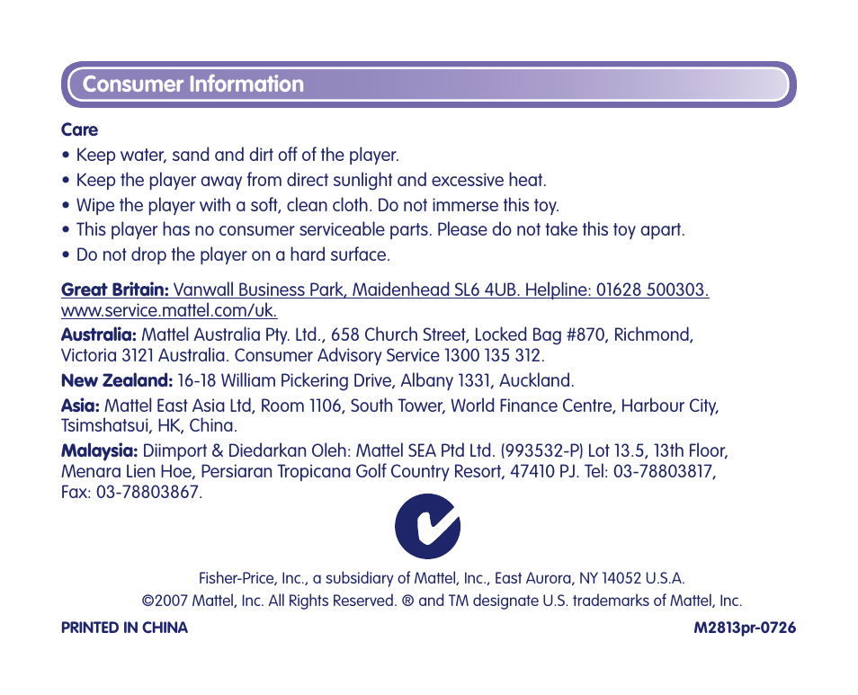 Consumer information | Fisher-Price Kid-Tough Fp3 Player M2814 User Manual | Page 40 / 40