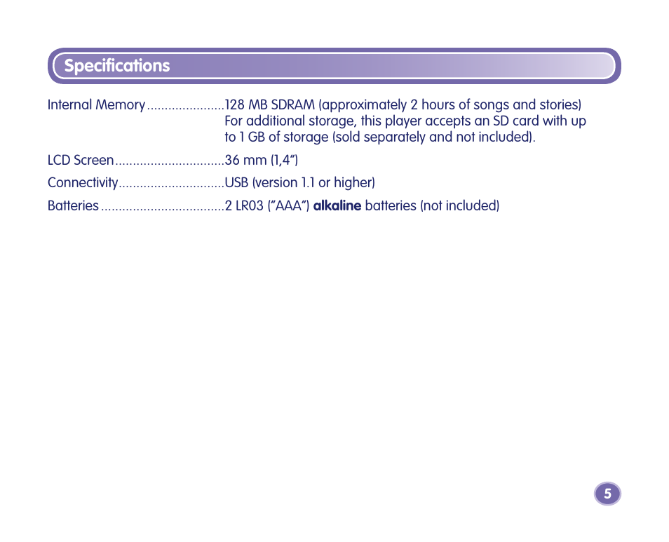 Speciﬁ cations | Fisher-Price Kid-Tough Fp3 Player M2814 User Manual | Page 5 / 40